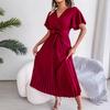 Women Cross V Neck Short Sleeve Solid High Waist Pleated Long Swing Dress