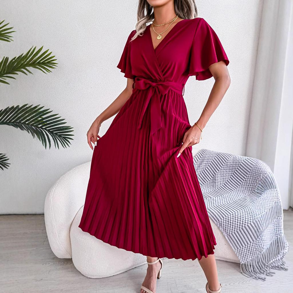 Women Cross V Neck Short Sleeve Solid High Waist Pleated Long Swing Dress