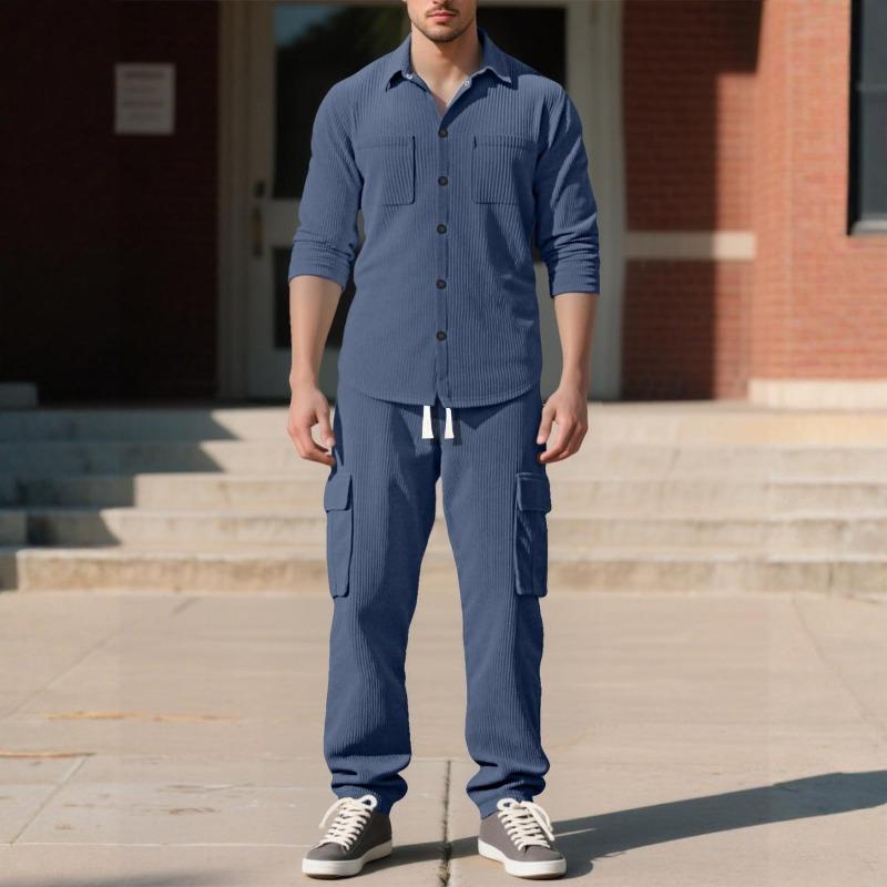Men's Casual Sports Lapel Cardigan Jacket Long-sleeved Trousers Suit Loose Corduroy Work Suit