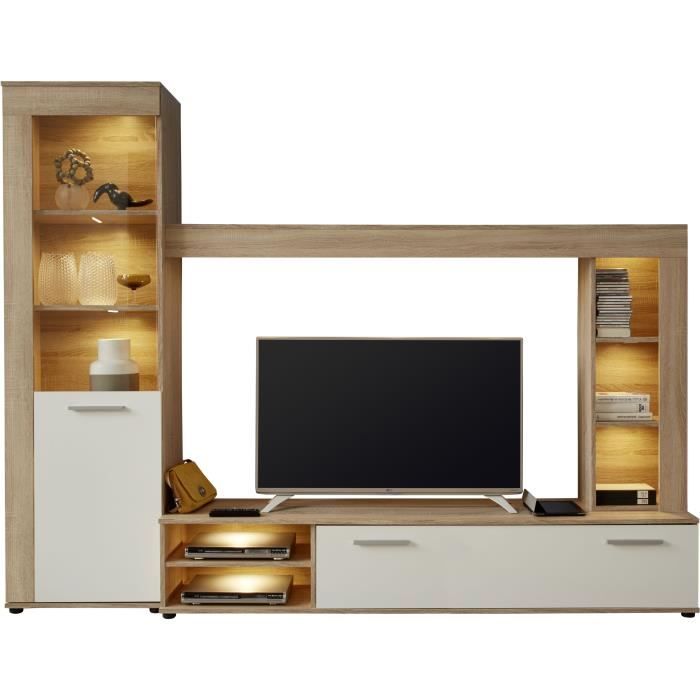 Ensemble meuble TV 3 pièces LOGO - 1 Porte - LED - Mélamine chêne clair et blanc mat - L240 x P41 x H185 cm - TRENDTEAM