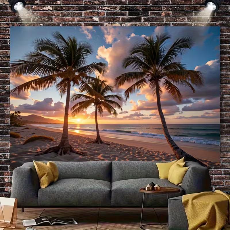 2D Aesthetic Palm Tree Tapestry, Tropical Beach Sunset Wall Art