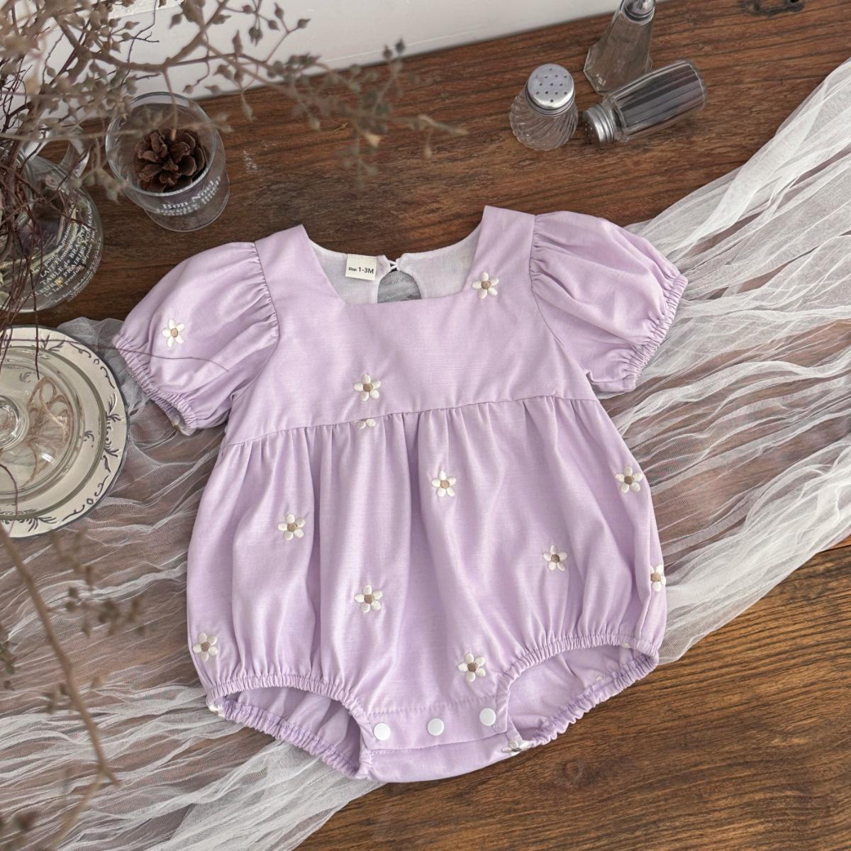 Girls Purple Embroidered Floral Romper - Short Sleeve Korean Style Summer Bodysuit 9-12M/80cm