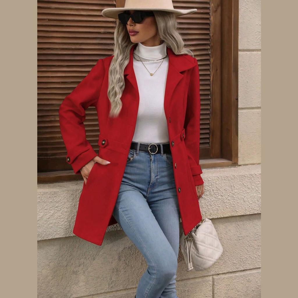 Autumn Ladies Mid-length Temperament Woolen Coat Lapel Button Temperament Slim Woolen Jacket