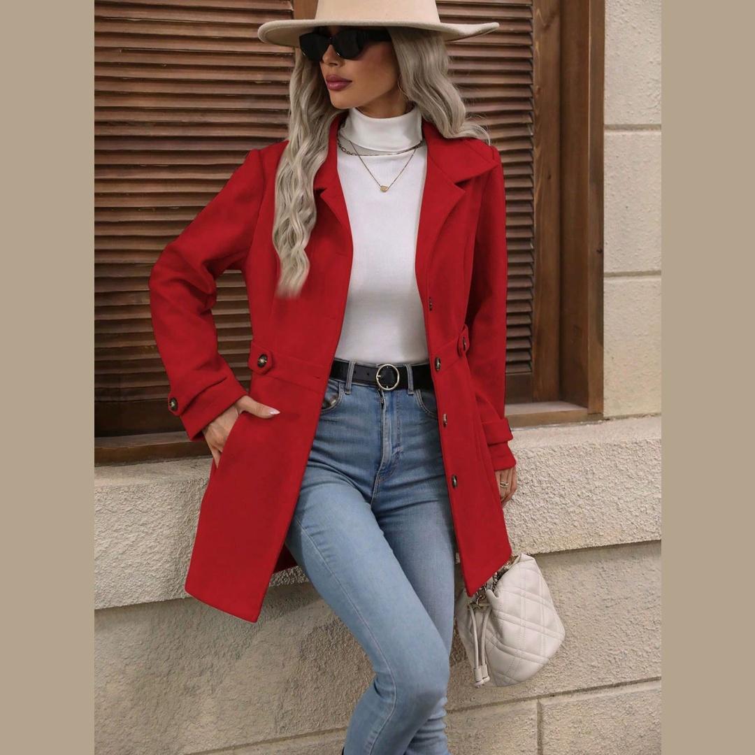 

Осеннее женское пальто из шерсти средней длины, темпераментное, с лацканами и пуговицами, темпераментная приталенная шерстяная куртка XS красный