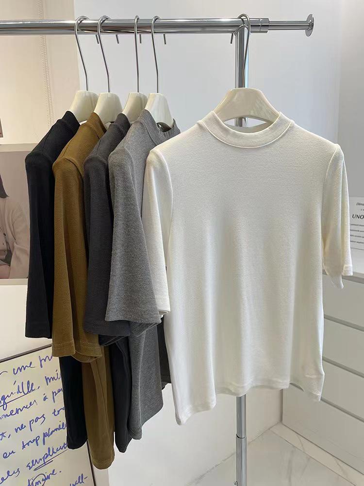 Women's Short-Sleeve, Half-High Collar Brushed T-Shirt - Chic, Thickened Base Layer