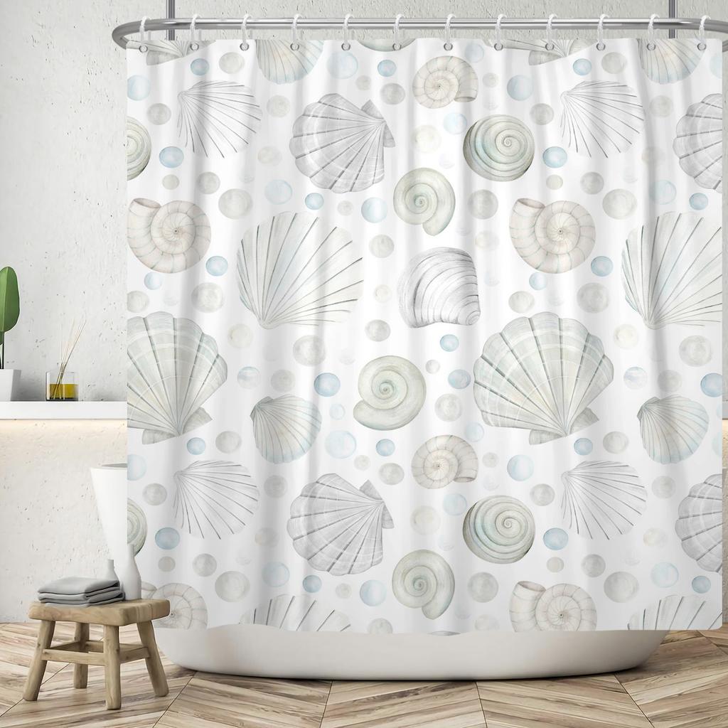 Nautical Theme Shower Curtain With Hooks Sailboat Anchor Seashells Starfish Waves Watercolour Art Modern Bathroom Curtain Decor