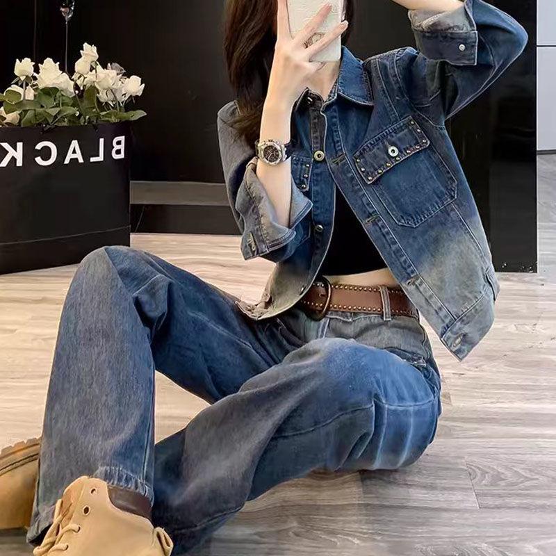 Premium Denim Jacket & Jeans Autumn Set: Fashionable Casual Two-Piece Ensemble