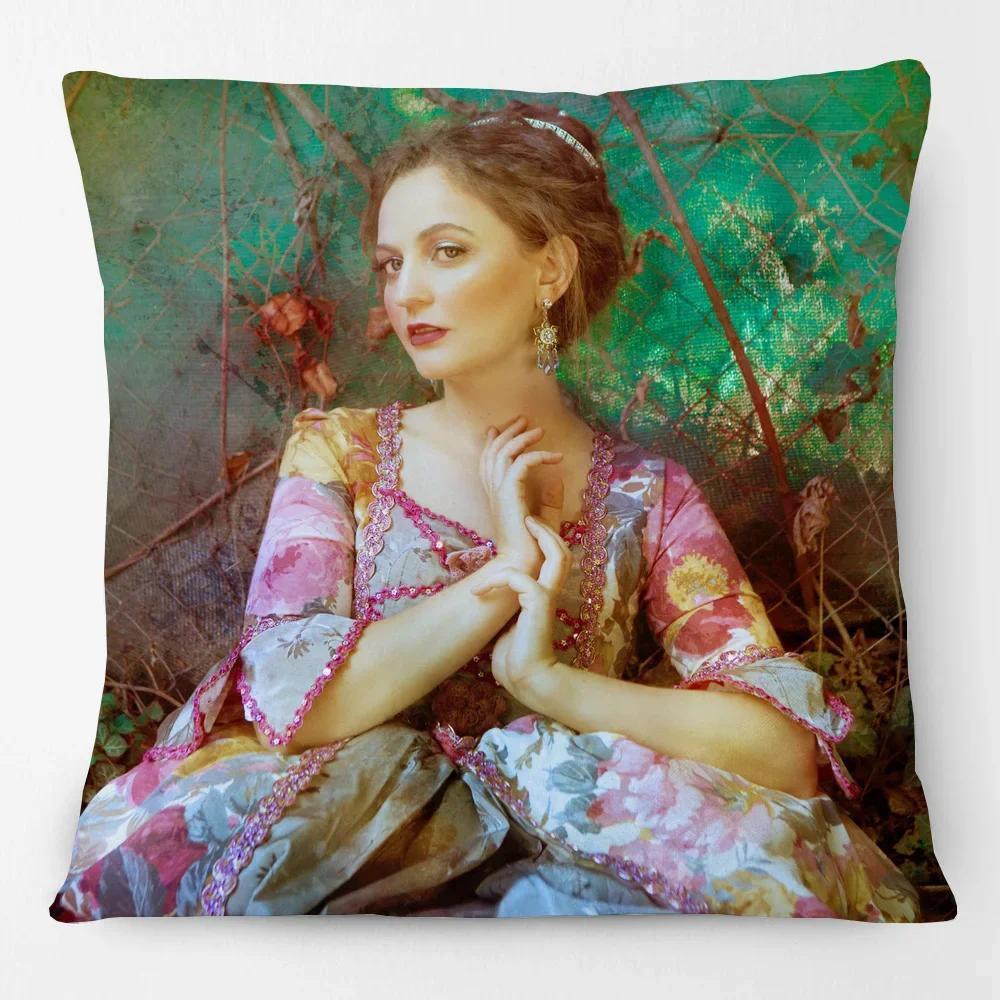 European Flower Painting Rose Dreams Woman Girls Portrait Poster Cushion Cover Birds Dove Home Pillow Case