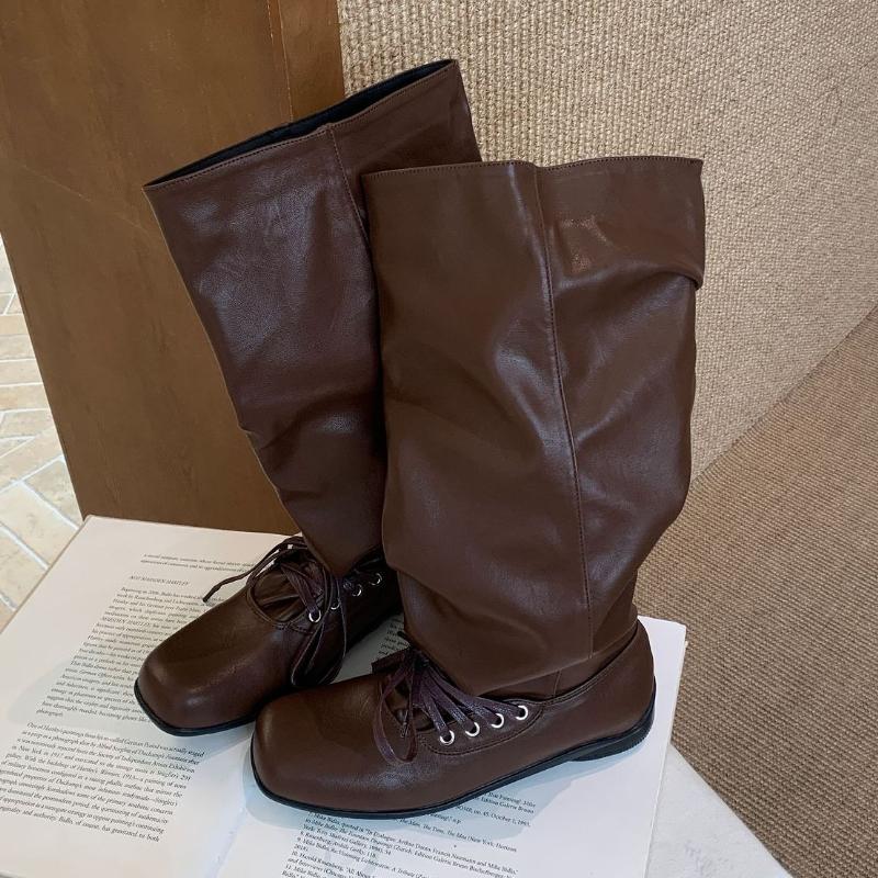 

New Autumn Knee Boots Women Lace Up Square Toe Street Style Women High Knight Boots Fashion Brand Designer Long Boots Female 39 темно-коричневого кольору