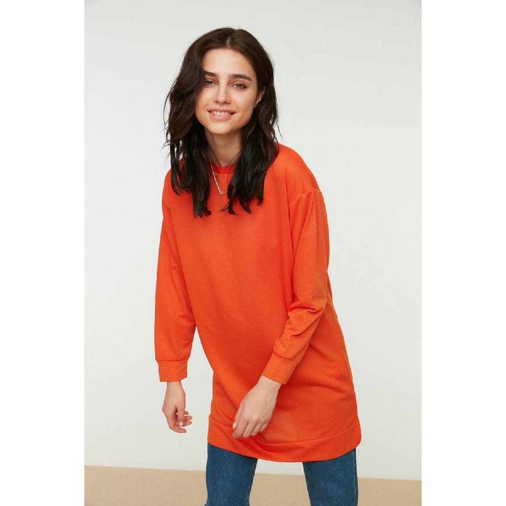 Orangefarbenes Basic-Strick-Sweatshirt mit Schlitz und Rundhalsausschnitt, Tctaw22tw0138