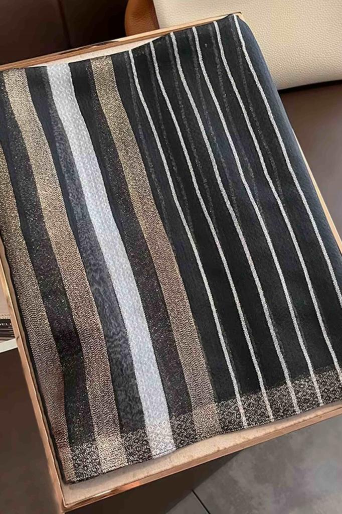 Black Striped Scarf - Mulberry Silk and Wool, 180x90
