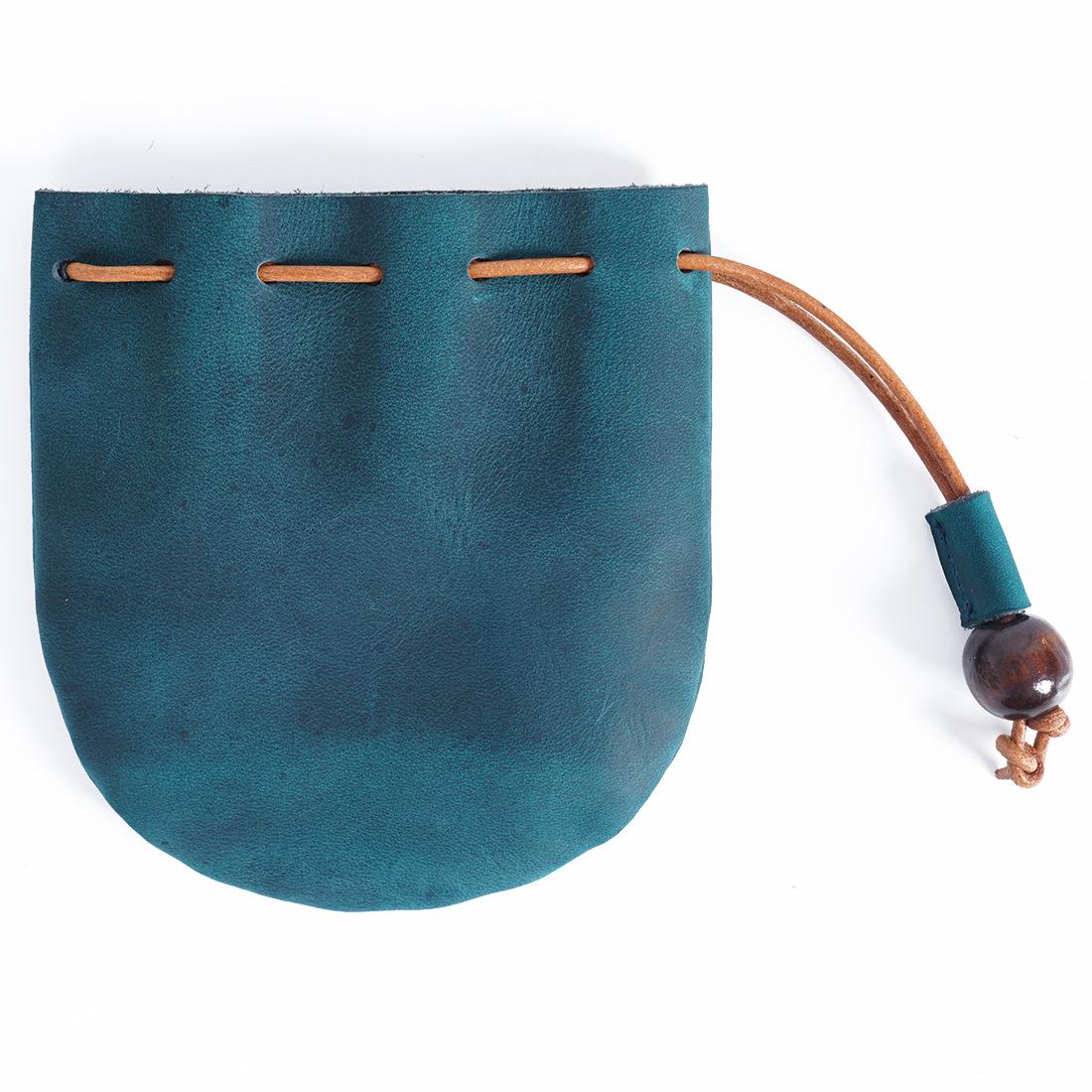 Винтажный кожаный кошелек-кисет из коровьей кожи на шнурке - Маленький кошелек-клатч синий