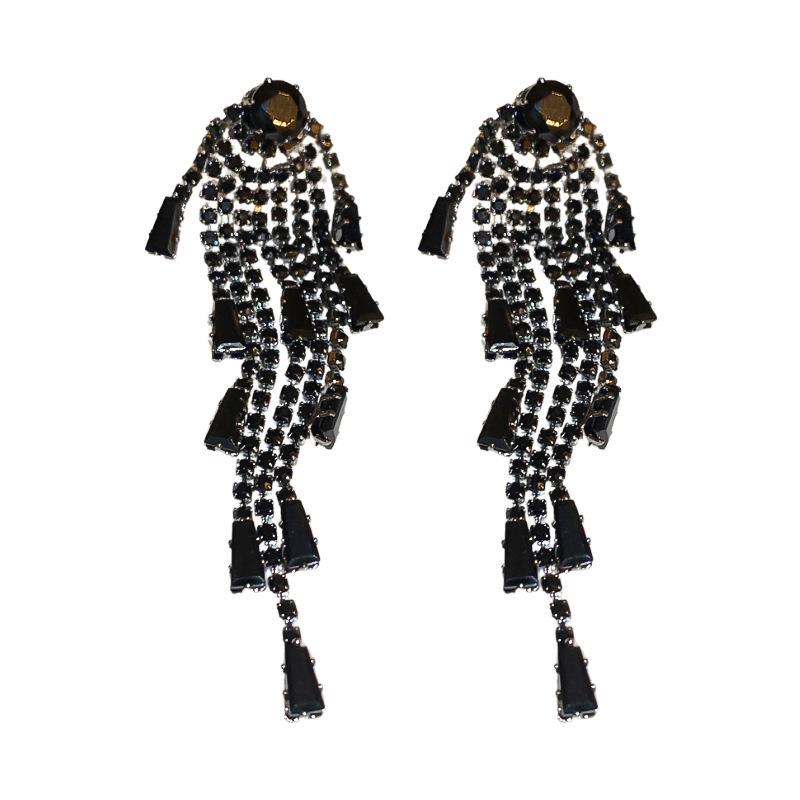 European and American retro face thin black zircon fringed earrings temperament long exaggerated stud earrings cold wind earrings