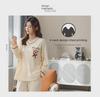 Women's Cotton V-Neck Pajama Set - Long Sleeve, Solid Color, Bear Print, Loose Fit, Spring/Autumn