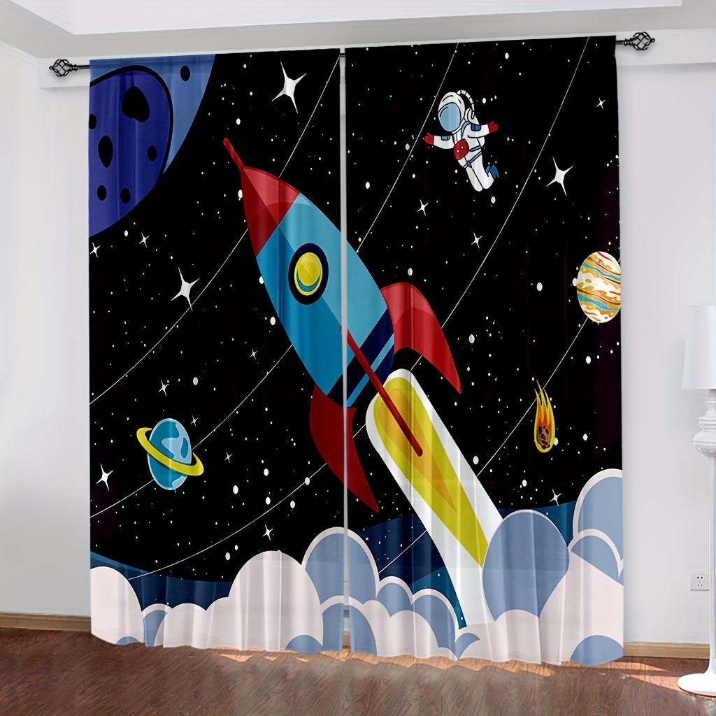 2PCS Galaxy Rocket Curtains Cartoon Astronaut Planet StarryBoys Girls Rod Pocket Bedroom Window Drapes.