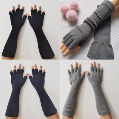 Women Girls Warm Pure Black Arm Warmers Elbow Long Half Finger Gloves Work Gloves