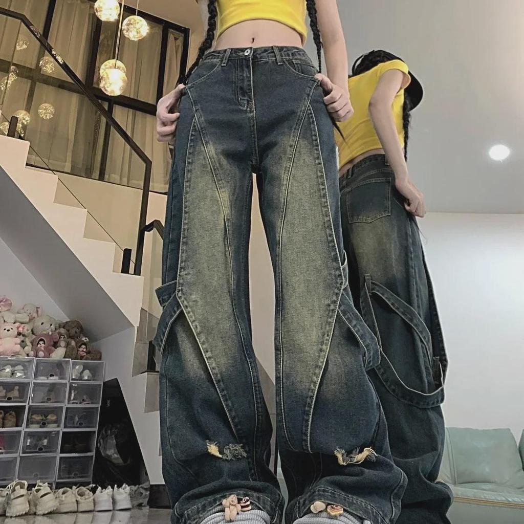 2024 Yellow Washed Heavy-Duty Wide-Leg Jeans with Stitching Design for Men