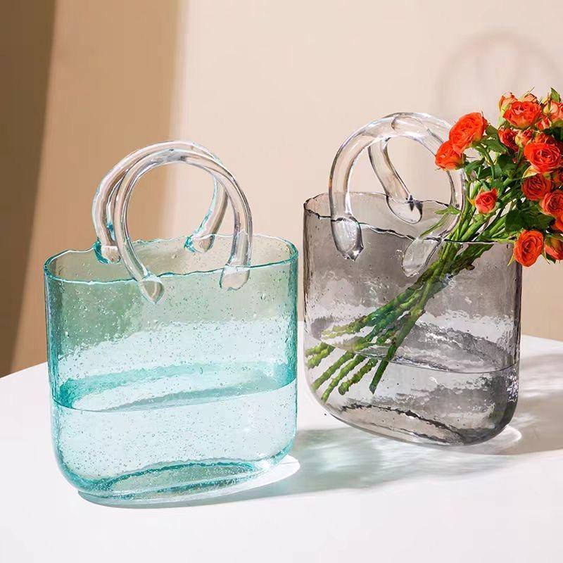 Trendige Glas-Handtaschen-Vase, Kreative Blasen-Fischglas-Blumenvase für Tischplatte, Hydroponische & Dekorative Blumen