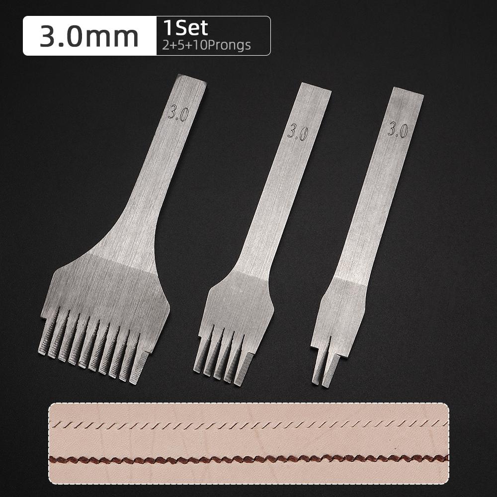 3Pcs 2.7/3.0/3.38/3.85mm Spacing 2/5/10 Teeth Leathercraft Stitching Oblique Flat Prong Chisel, DIY Craft Leather Punching Tools