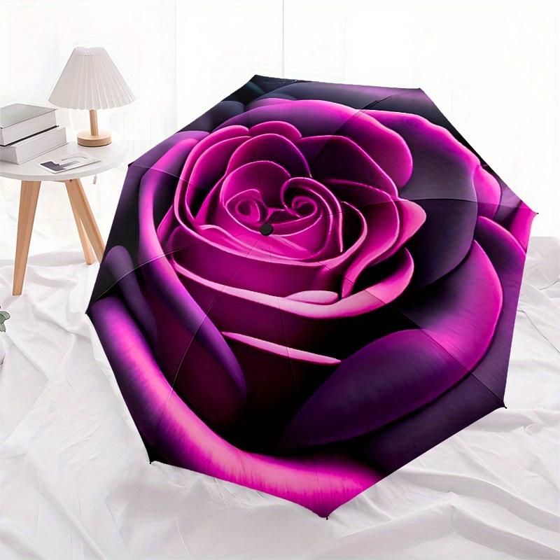 1pc Purple Rose Themed Design Umbrella 8 Rib Frame, One-touch Automatic Opening 3 Fold Umbrella, Fashion Gift-p0803043