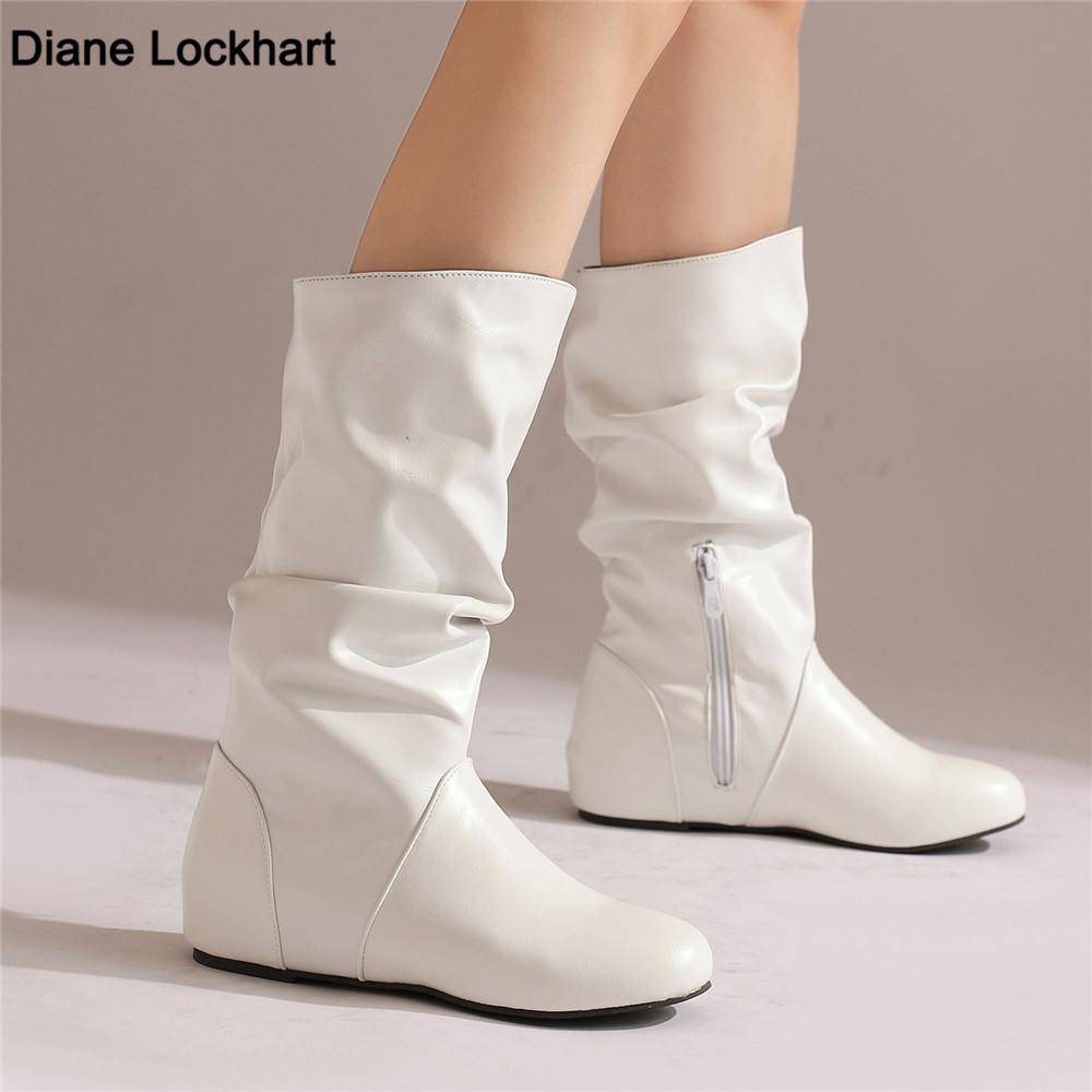 Fashion Mid-Calf Boots Women PU Pleated Boots Female Round Toe Shoes Concise Height Increasing Flat Shoes Autumn Winter 2025 Size34-48