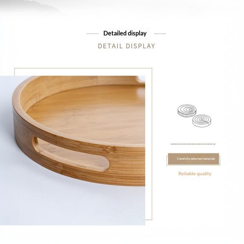 Round Bamboo Serving Tray With Handle Smooth Edge Wooden Platter 25-40CM for Bed Breakfast Snack Tea Serving Use
