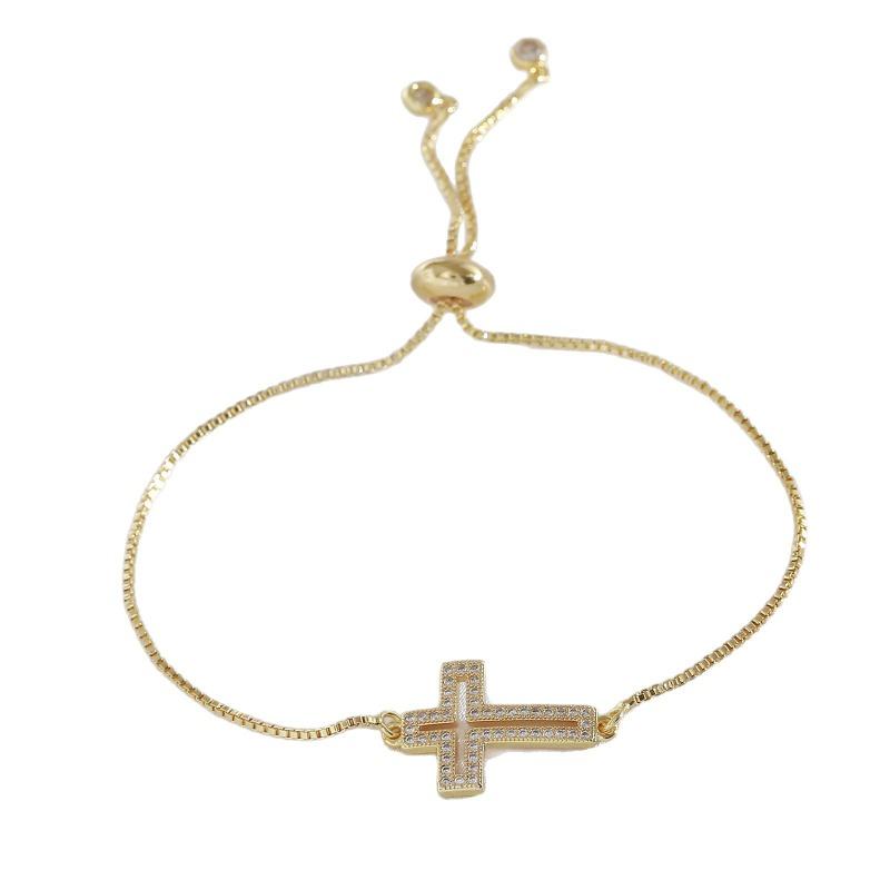 Electroplated Cross Bracelet with Hollow Design, Handcrafted Jewelry Featuring Zirconium Stones, Adjustable Bracelet