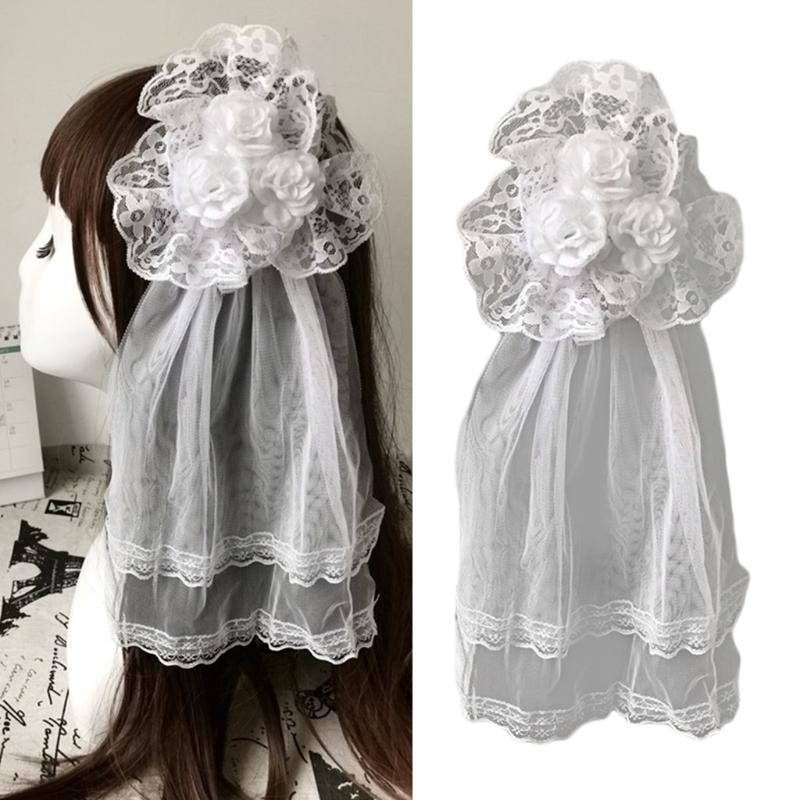 Lolita Gothic Headdress Lace Veil Headwear Rose Side Clip Barrette Halloween Cosplay Accessories Party Headpiece