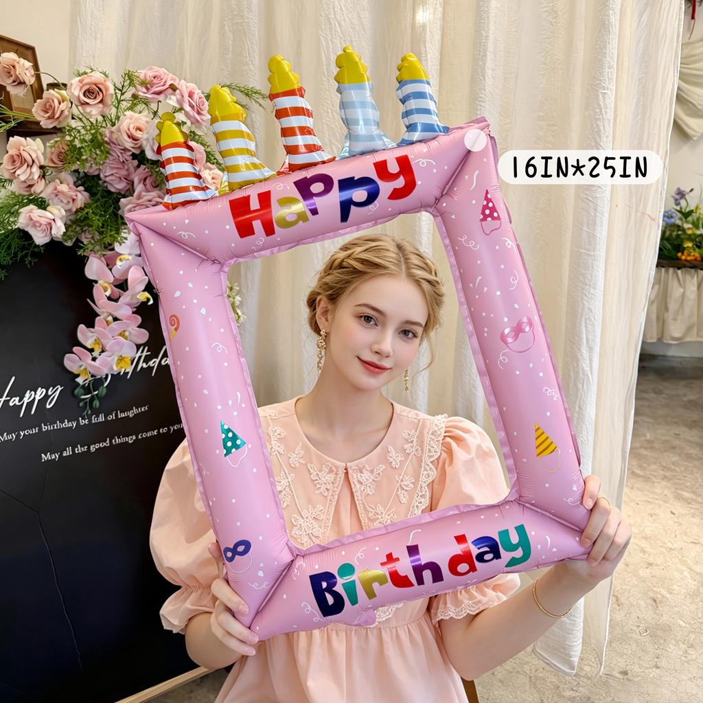 1pc Pink Blue Inflatable Photo Frame Balloons Party Photo Booth Props with Happy Birthday Messages and Candle Designs