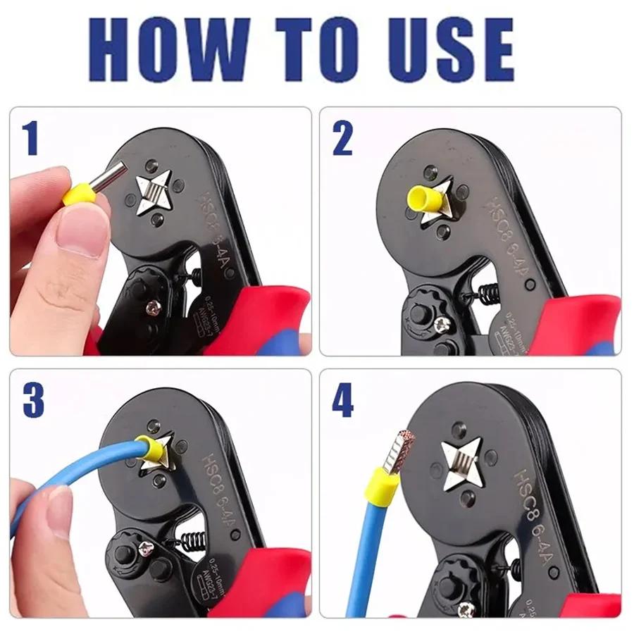 End-Sleeves Ferrule Crimping Tools HSC8 6-4A Self-Adjustable AWG23-7/0.25-10mm2 Square Ratcheting Wire Crimping Plier