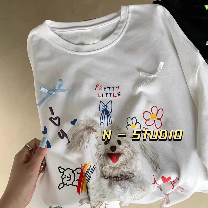 

Корейская женская футболка больших размеров Dongdaemun с принтом собаки и бантом, свободная, летняя, с коротким рукавом, стиль 8305 2XL белый