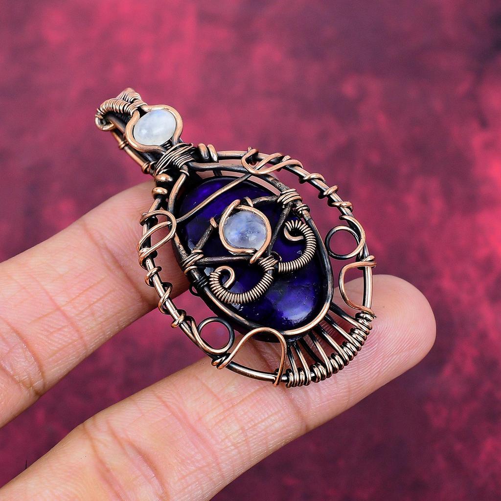 Evil Eye Purple Fire Labradorite Pendant Copper Wire Wrapped Moonstone Jewelry