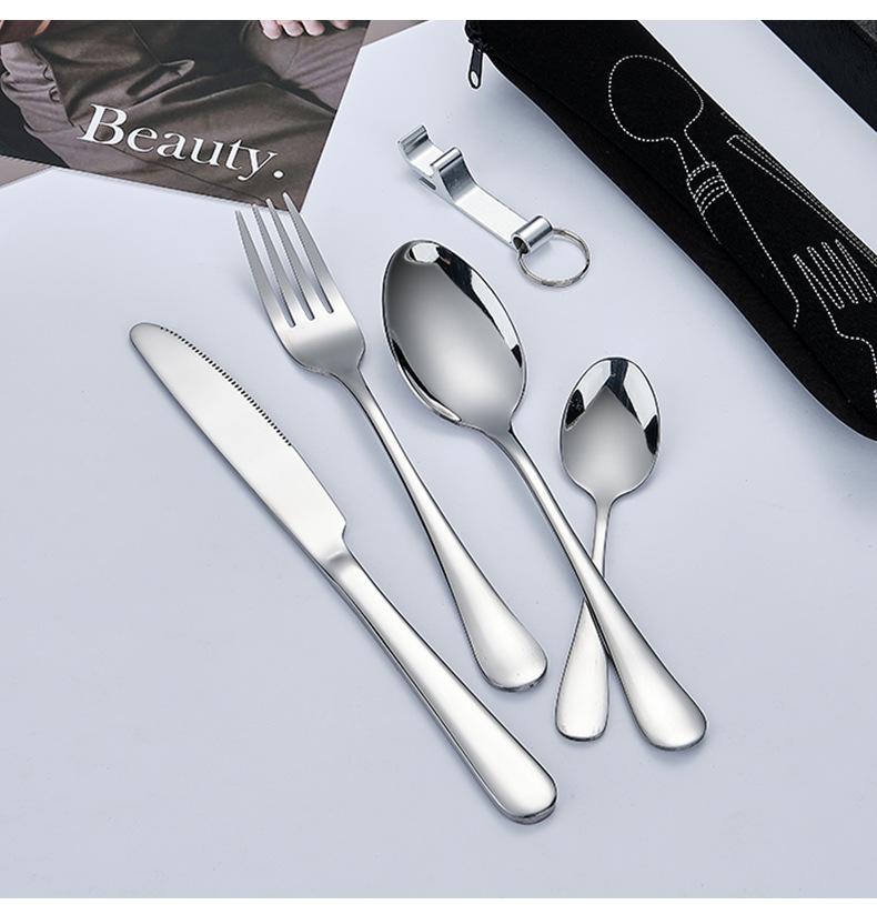 Stainless Steel Travel Cutlery Set: Knife, Fork, Spoon, Bottle Opener with Portable Storage Bag for Outdoor Camping
