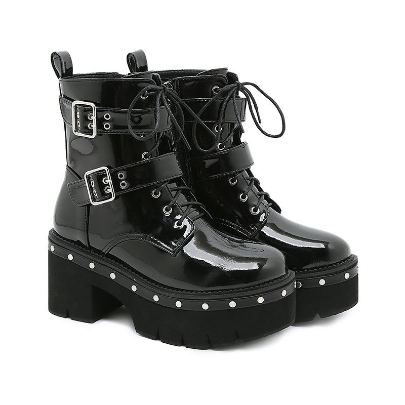 7.5cm  Big Size 43 Platform Chunky Heel Zipper Goth Motorcycle Boots Women Black Fashion Punk Cool Combat Ladies Shoes