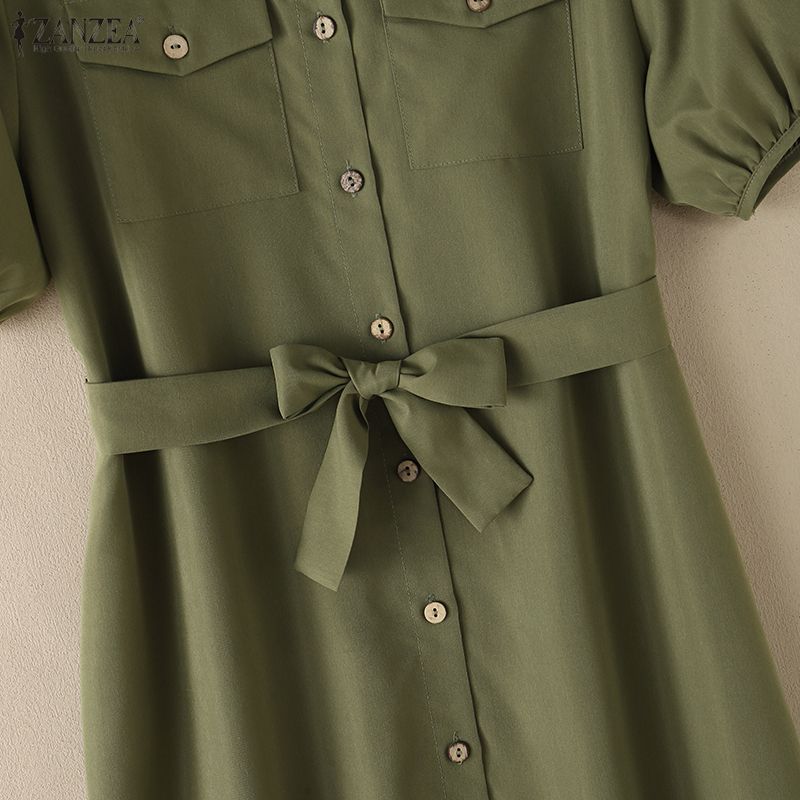 ZANZEA Women Casual Turn Down Collar Solid Color Short Sleeve Dress