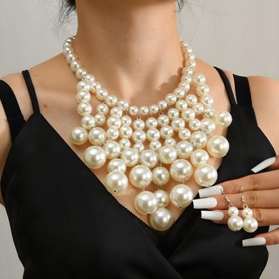 Temperamento Moda Set Collana Orecchini Multi Strato Perla Personalità Versatile Nappa Perla Catena Esagerata Clavicola Femminile
