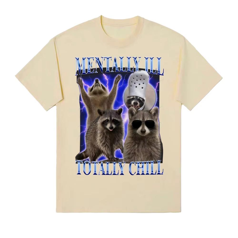 Mentally Ill Totally Chill Funny Raccoon Meme T-shirt Men Clothing Vintage Graphic T Shirt Unisex Summer Tops O-NeckTees