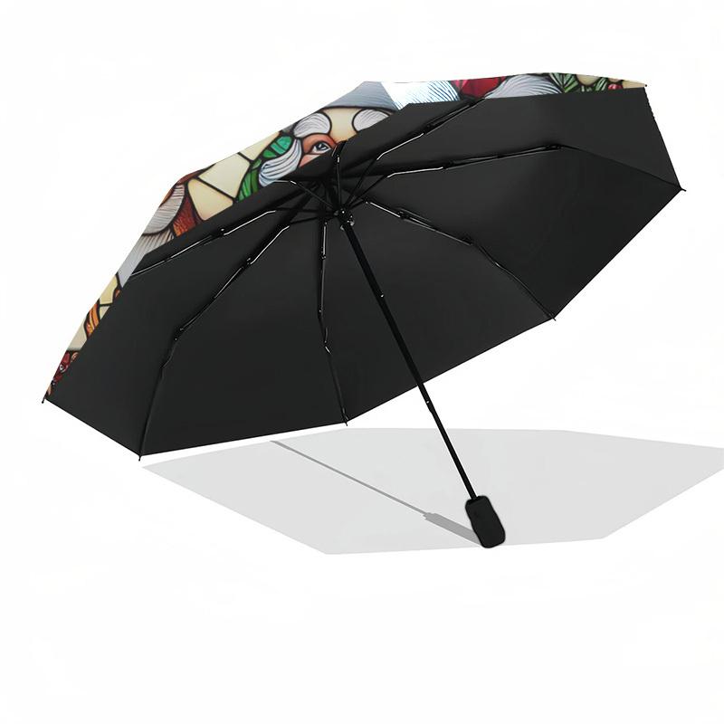 1 Stück Buntglas Nikolaus Design Automatisches Öffnen Faltschirm mit 3-Falt-Design, 8-Rippen Eisenrahmen, Outdoor, Festliches Geschenk für Fans, Reise