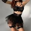 Sexy Lace See Through Mesh Lingerie Women's Solid Fluffy Skirt Six Pieces Underwear Female Sweet Perspective Exotic Apparel Suit