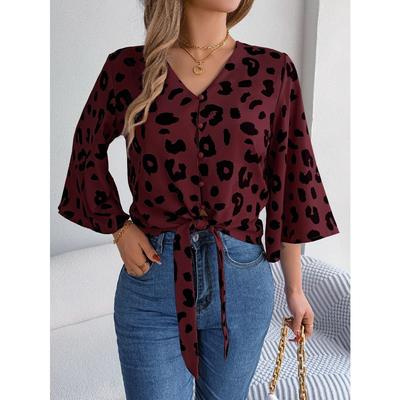 Lässiges Chiffon-Oberteil mit Leopardenmuster und Schnürung für Damen