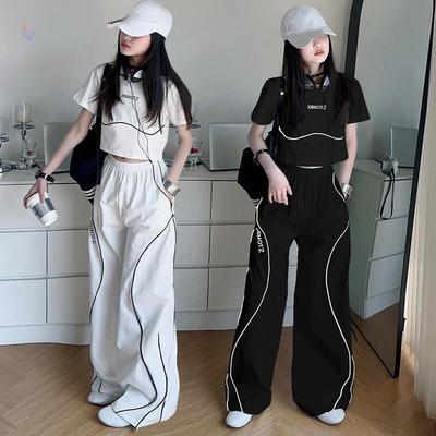 Set de vară sportiv din două piese cu șnur pentru fete: Tricou + Pantaloni Drepți cu Picioare Late pentru Fete Mai Mari—Ținută Unică