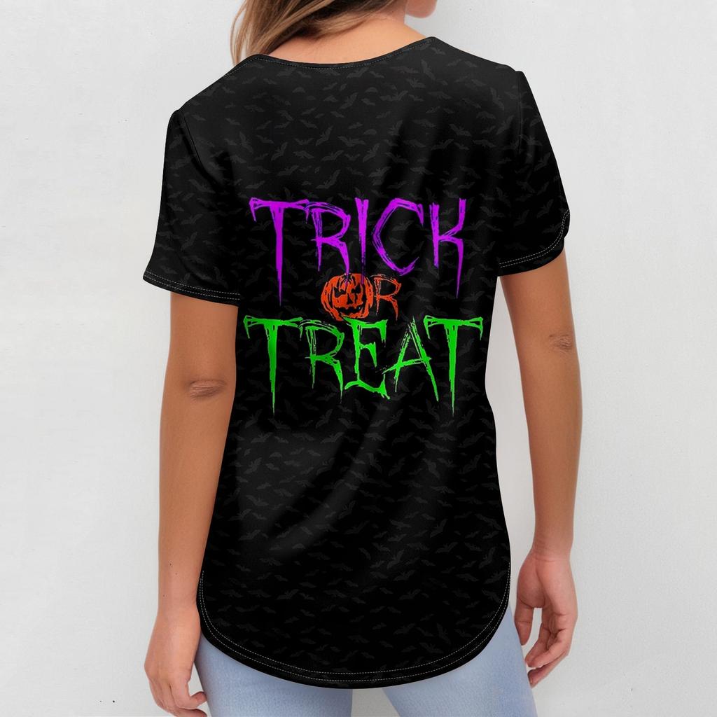 Women's V-neck Halloween Printed Short-sleeved Pocket Side-slit Protective Suit Top