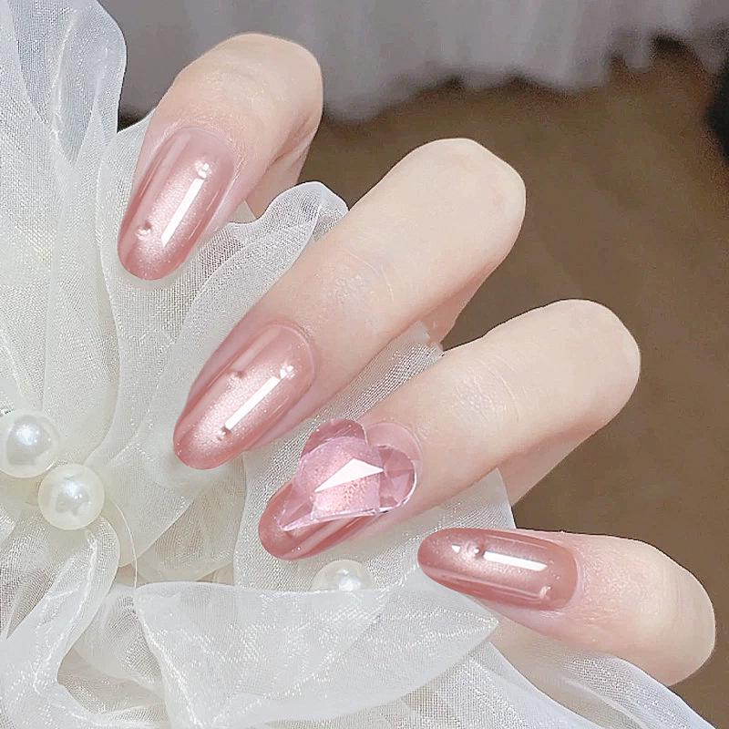 Pink Cat Eye Heart Nail Stickers: Wearable False Nails for a Sweet, Charming Manicure