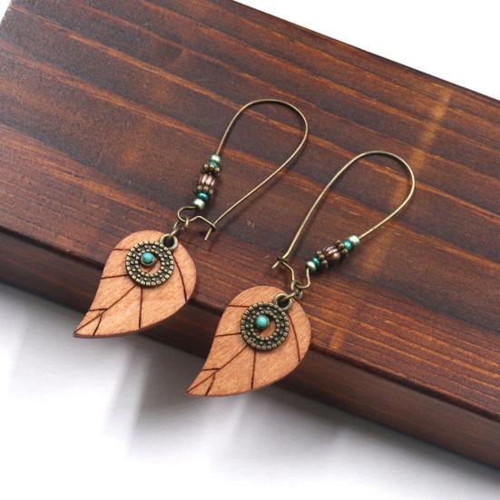 1 Pair Flower Shape Bohemia Drop Earrings Wood Waterdrop Shape Beads Hook Earrings Jewelry