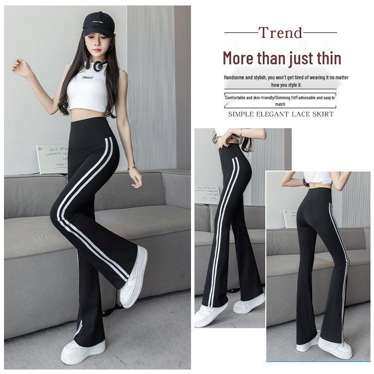 Plus Size High Waist Shark Flare Pants with White Stripe - Women's Spring Slimming Long Pants