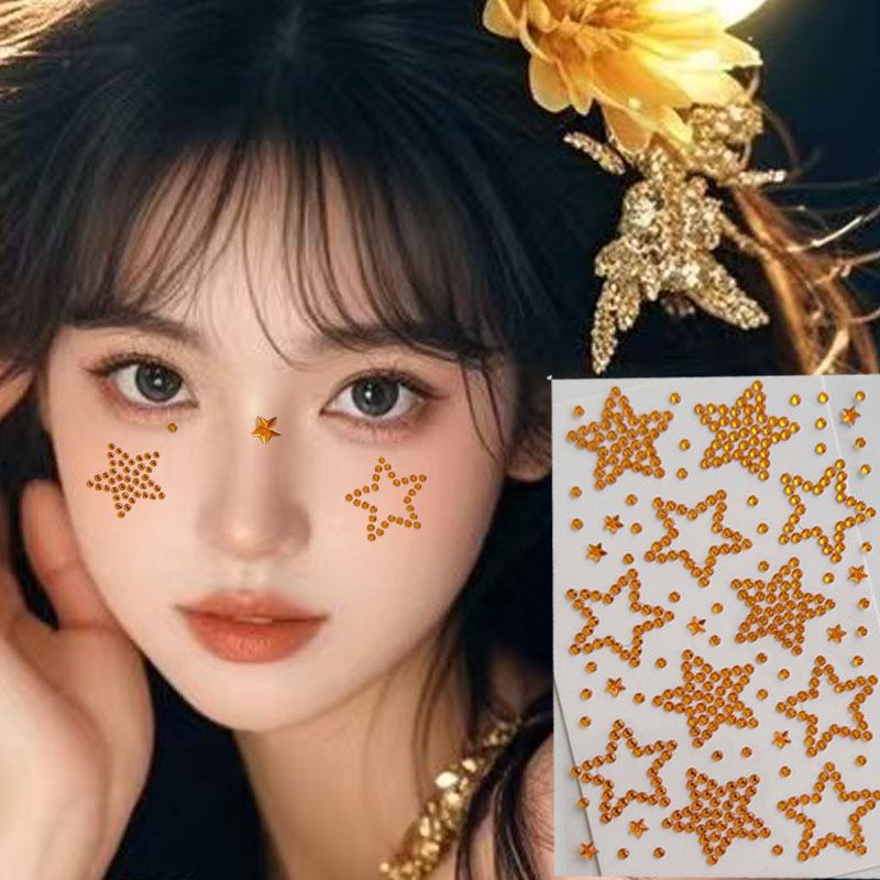 Concert Face Stickers: Five-Pointed Star, Blue Heart, Bowknot, Glue-Free Rhinestones for Makeup