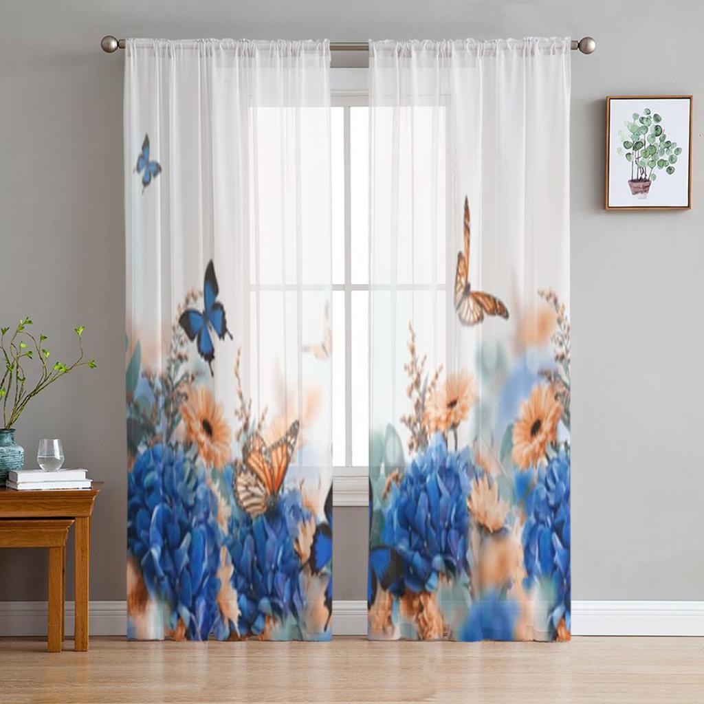 Hydrangea And Daisies Chiffon Sheer Curtains For Living Room Bedroom Decoration Window Tulle Curtains Drapes