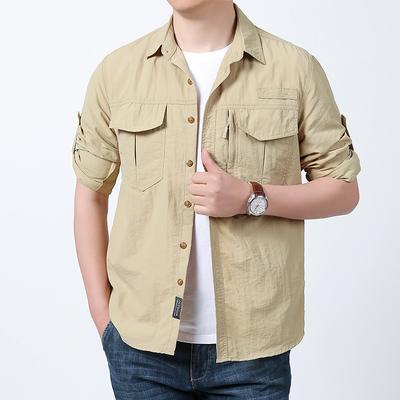 Camisa de Manga Larga para Primavera y Otoño Color Sólido Multibolsillos Traje Militar Camisa Casual para Hombre