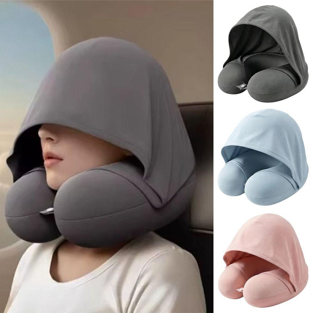 Foldable Design U-Shaped Neck Pillow Breathable Fabric Hooded Neckrest Pad Office Napping