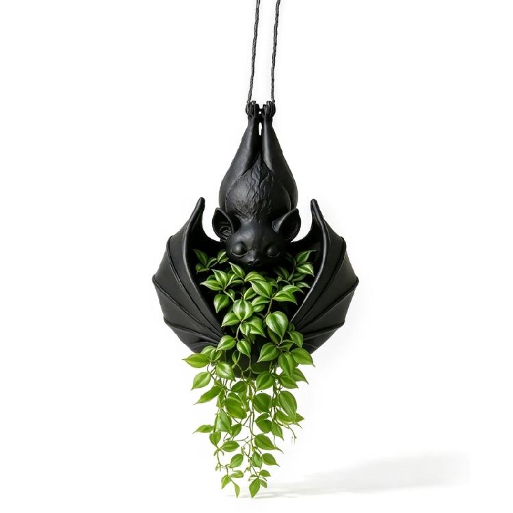 Black Flower Pot With Bat Form and Hanging Cord, Gothicism Bat Planter for Small Foliage, Trailing Foliage and Vertical Indoor Displays for Room Use
